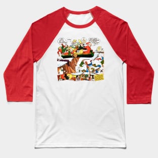 The sleigh flies through the snow with Santa Claus and all his friends while the town waits for Christmas gifts. Retro Vintage Comic Baseball T-Shirt